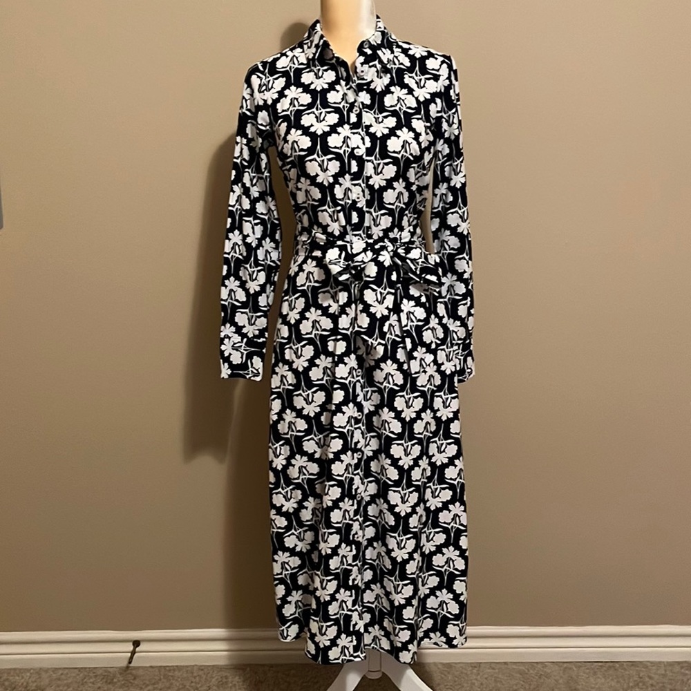 Boden Navy and White Floral Long Sleeve Button Down Dress